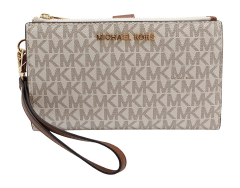 Michael Kors Jet Set Travel Double Zip Wristlet - Signature PVC (Vanilla PVC/Dark Acorn) Michael Kors