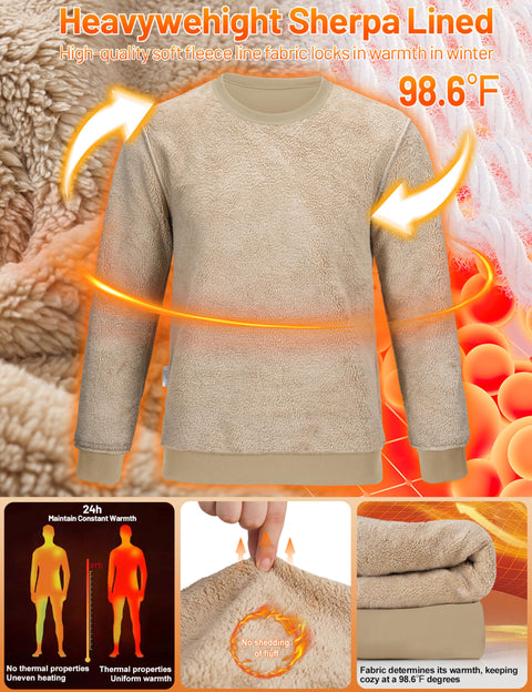 TACVASEN Mens Thermal Sweatshirts Warm Crewneck for Men Sherpa Lined Long Sleeve Winter Athletic Sweatshirs Khaki