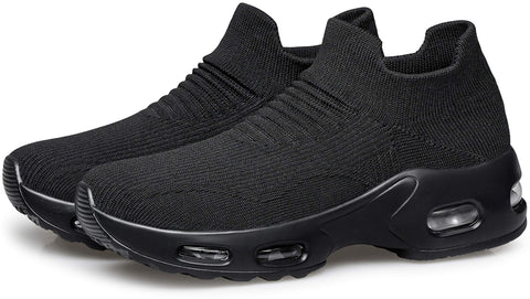 DOUSSPRT Womens Walking Sneakers Slip on Sock Shoes Mesh Air Cushion Platform Workout Tennis Loafers Fashion Casual 002 allblack US Size 8 DOUSSPRT