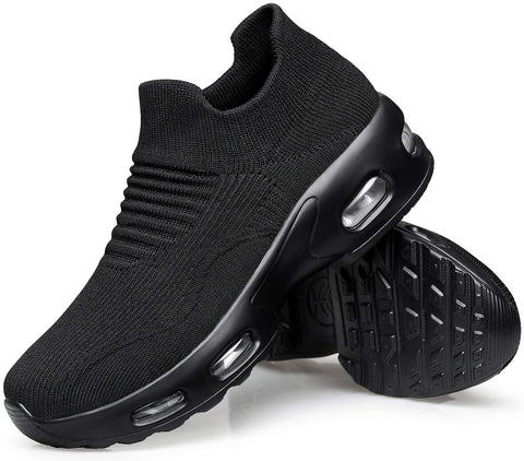 DOUSSPRT Womens Walking Sneakers Slip on Sock Shoes Mesh Air Cushion Platform Workout Tennis Loafers Fashion Casual 002 allblack US Size 8 DOUSSPRT