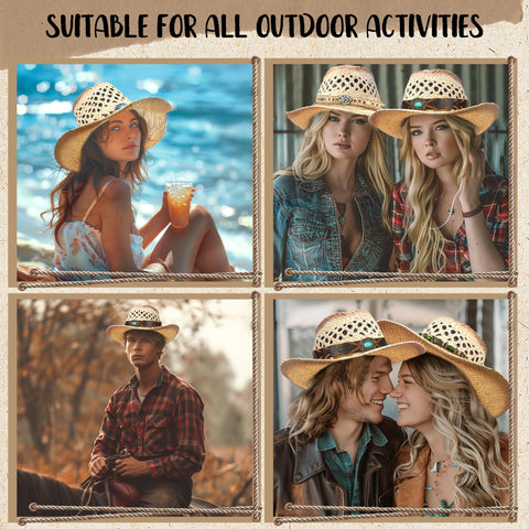 Straw Cowboy Hat Western Cowgirl Hat with Four Decorative Bands, Hat Size Fits 21 7/8 to 23, Wide Brim, Beige