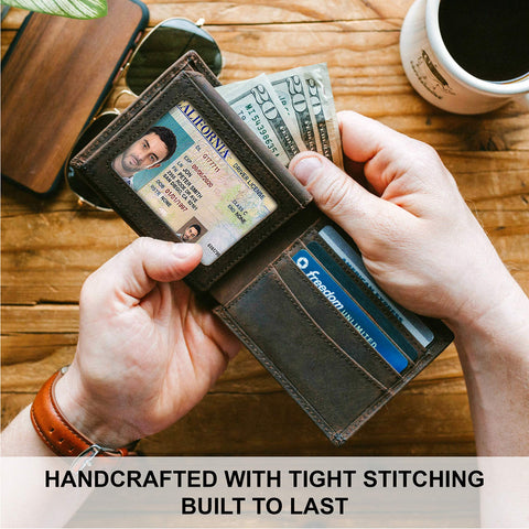 STAY FINE Top Grain Leather Wallet for Men | RFID Blocking | Bifold, Extra Capacity with 2 ID Windows | Ultra Strong Stitching | Slim Billfold with 8 Card Slots | Gift for Him STAY FINE