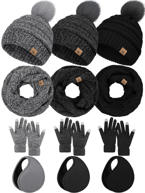 Earmuffs Hat Gloves Scarf Set Women, Black Gray White Mix Touchscreen Gloves Ear Warmer Knit Scarf Beanie for Winter LOROME