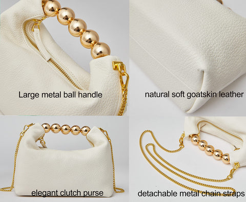 DORIS&JACKY Small Top Handle Clutch Bag Women Designer Goatskin Crossbody Purse With Pearl Handle And Detachable Metal Chain (White) DORIS&JACKY
