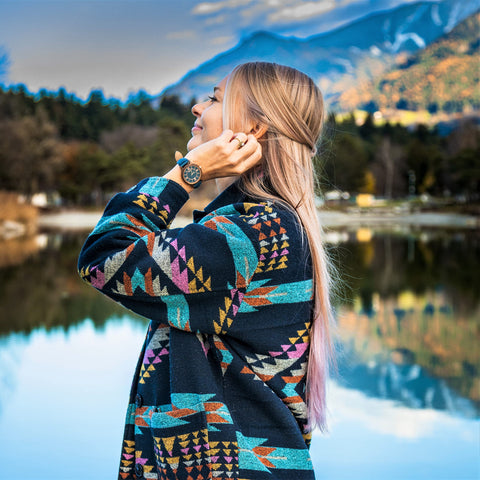 Zeitholz Wooden Watch Women, Wooden Watch, Gifts, Analog Watch, Date, New Rosenbach Collection 36mm, Natural Wood, Japanese Quartz Movement, Leather Strap. (Blue) Zeitholz