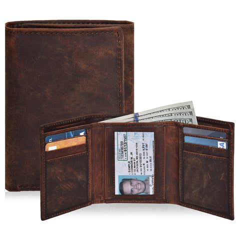 Real Leather Mens Trifold Wallet RFID Blocking Slim Minimalist Front Pocket - Thin & Stylish with ID Window in Gift Box