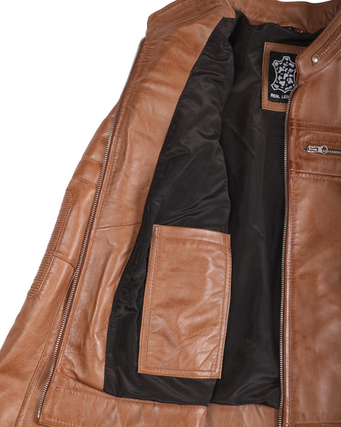 Decrum Brown Leather Jacket Women - Womens Leather Jacket | [1313714] Brown Cafe Racer, L