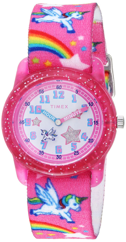 Timex Girls TW7C25500 Time Machines Pink/Rainbows & Unicorns Elastic Fabric Strap Watch