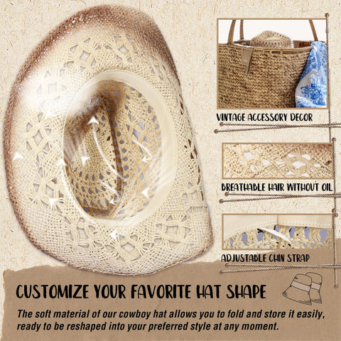 Straw Cowboy Hat Western Cowgirl Hat with Four Decorative Bands, Hat Size Fits 21 7/8 to 23, Wide Brim, Beige