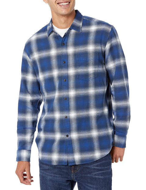 Amazon Essentials Men's Long-Sleeve Flannel Shirt (Available in Big & Tall), Blue White Large Plaid, X-Large
