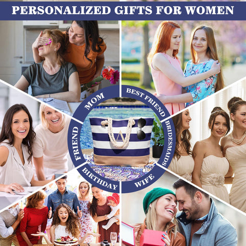 YOOLIFE Personalized Gifts for Women Her - Birthday Gifts Idea for Her Girlfriend Wife Mom Teacher Friend Female Sister Bridesmaid Beach Essential Monogram Canvas Tote Bags Zipper Idea K YOOLIFE