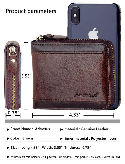 Admetus Christmas gift Men gifts Genuine Leather Short Zip Cowhide Wallet credit card ID Purses 2 Admetus