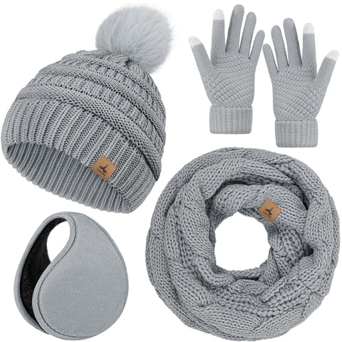 Winter Hat Scarf Gloves and Ear Warmer, Warm Knit Beanie Hat Touch Screen Gloves Set Winter Gifts Neck Scarves for Women Light Gray LOROME