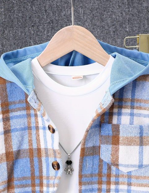 Fdqin 2Pcs Kids Boys Flannel Plaid Shirt Tops Pants Set Hoodie Sweatsuit for Fall Winter Spring Outfits Blue 9-10Year