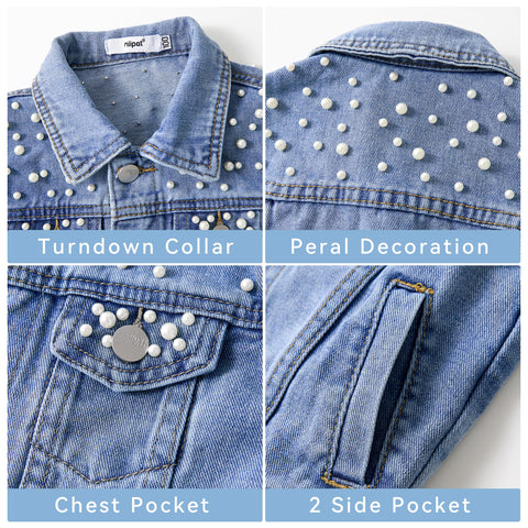 Miipat Toddler Girls Denim Jacket Basic Pearl Jean Jacket Little Kids Outwear Button Down Jean Coat(LightBluePearl,7-8Years)