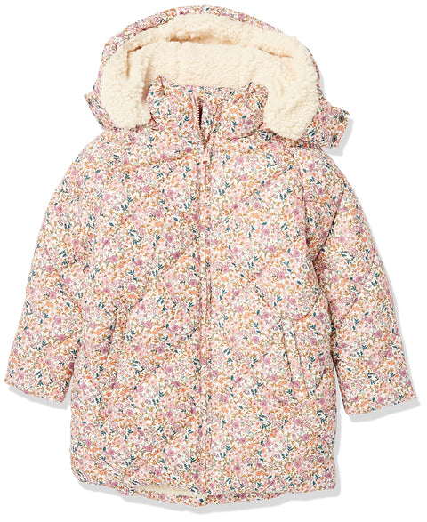 Amazon Essentials Toddler Girls' Long Quilted Cocoon Puffer Coat, Cream Floral, 3T