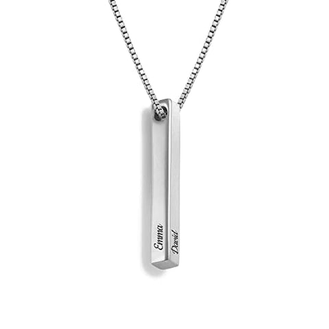 Oak&Luna Personalized Custom Pillar Bar Necklace -3D Engraved 4 Sides- Sterling Silver 925 Jewelry Gift for Her- Mother Day Pendant (Sterling Silver 925) Oak&Luna