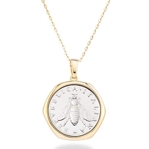 Miabella Womens 18K Gold over Sterling Silver - Yellow-Gold-Plated-Silver Italian Genuine 2-Lira Bee Coin Pendant Necklace, 18 Inches Miabella