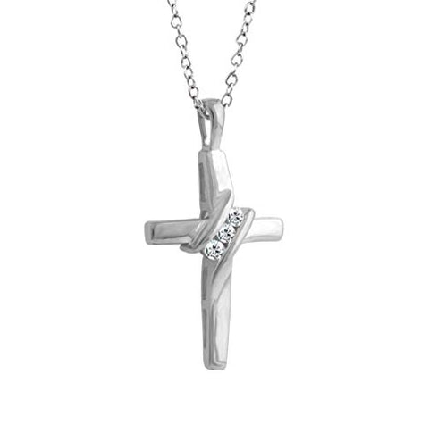 EternalDia 10k Diamond Three-Stone Cross Pendant Necklace Religious Jewelry (0.05cttw, I-J/I2-I3) 18" EternalDia