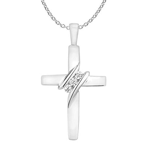 EternalDia 10k Diamond Three-Stone Cross Pendant Necklace Religious Jewelry (0.05cttw, I-J/I2-I3) 18" EternalDia