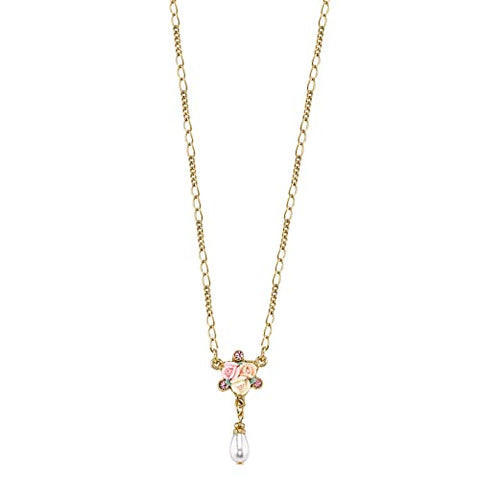 1928 Jewelry Women's Gold Tone Crystal Ivory And Pink Porcelain Rose Faux Pearl Pendant Necklace 16" + 3" Extender 1928 Jewelry Company