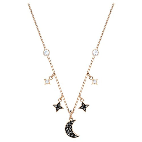 Swarovski Symbolic Moon Necklace with a Black Crystal Pavé Moon and Black and White Crystal Studded Star Charms on a Gold-Tone Plated Chain SWAROVSKI