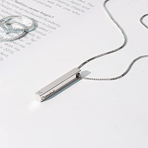 Oak&Luna Personalized Custom Pillar Bar Necklace -3D Engraved 4 Sides- Sterling Silver 925 Jewelry Gift for Her- Mother Day Pendant (Sterling Silver 925) Oak&Luna