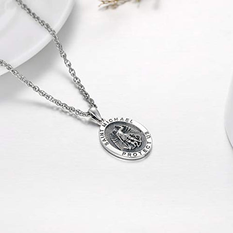 KINGWHYTE 925 Sterling Silver St Michael Necklace for Men Women St Michael Pendant Amulet Saint Michael Necklace for Men Archangel Michael Pendant Oval Medal Stainless Steel Chain Jewelry Gifts KINGWHYTE
