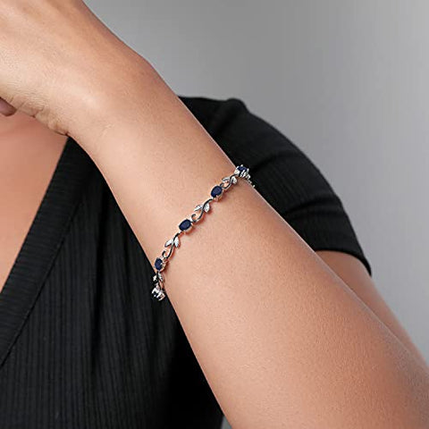 Gem Stone King 925 Sterling Silver Blue Sapphire and White Diamond Greek Vine Tennis Bracelet For Women (5.12 Cttw, Gemstone Birthstone, 7 Inch) Gem Stone King