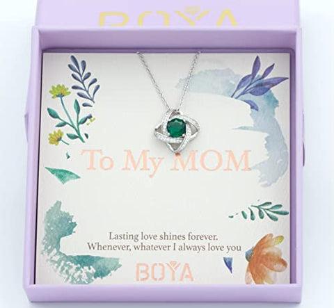 boya Love Knot Necklace Gifts for Women, May Birthstone Necklaces for Women 925 Sterling Silver Pendant Jewelry Created Gemstone Mothers Valentines Day Birthday Christmas Gifts for Her Mom Wife boya