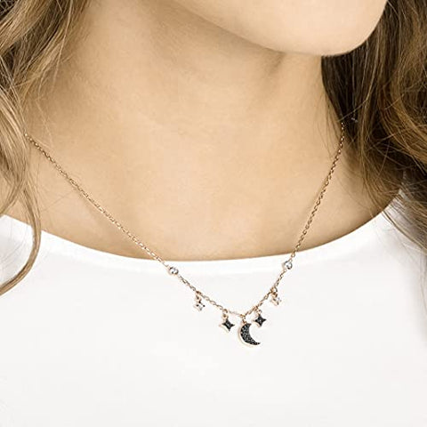 Swarovski Symbolic Moon Necklace with a Black Crystal Pavé Moon and Black and White Crystal Studded Star Charms on a Gold-Tone Plated Chain SWAROVSKI