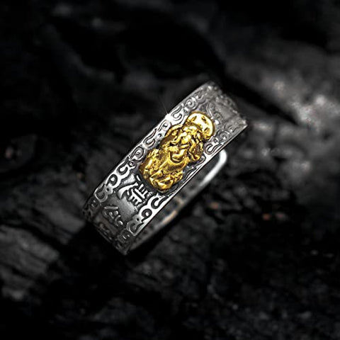 Feng Shui Ring 925 Stering Silver Pixiu Mantra Ring Protection Wealth Adjustable Rings Buddhist Amulet Jewelry Good Luck Health Gift for Men Women Seiyang
