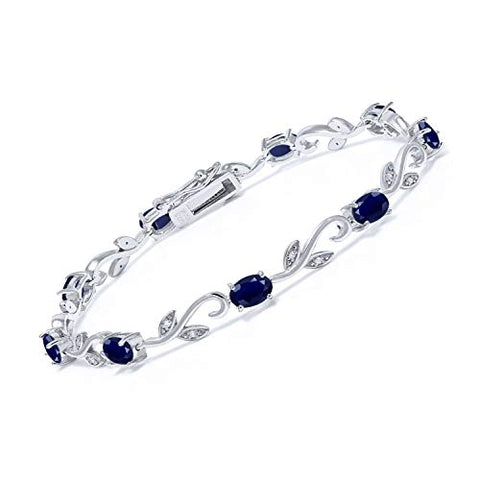 Gem Stone King 925 Sterling Silver Blue Sapphire and White Diamond Greek Vine Tennis Bracelet For Women (5.12 Cttw, Gemstone Birthstone, 7 Inch) Gem Stone King
