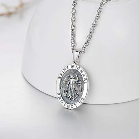 KINGWHYTE 925 Sterling Silver St Michael Necklace for Men Women St Michael Pendant Amulet Saint Michael Necklace for Men Archangel Michael Pendant Oval Medal Stainless Steel Chain Jewelry Gifts KINGWHYTE