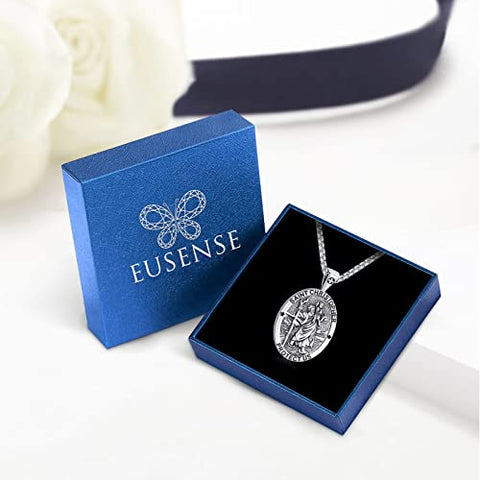 St Christopher Medal for Men Women Saint Christopher Necklace 925 Sterling Silver oval St. Christopher Pendant de plata 925 catholic Saint Christopher Medallion genuine saint christopher pendant necklace religious st christopher necklace 22+2 24 chain Tra Eusense