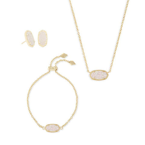 Kendra Scott Gift Bundle, Elisa Adjustable Length Pendant Necklace, Elaina Adjustable Chain Bracelet, and Ellie Stud Earrings for Women, Fashion Jewelry, 14k Gold Plated, Iridescent Drusy Kendra Scott
