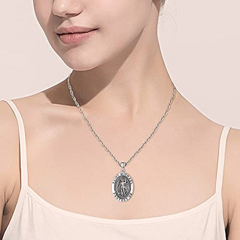 KINGWHYTE 925 Sterling Silver St Michael Necklace for Men Women St Michael Pendant Amulet Saint Michael Necklace for Men Archangel Michael Pendant Oval Medal Stainless Steel Chain Jewelry Gifts KINGWHYTE