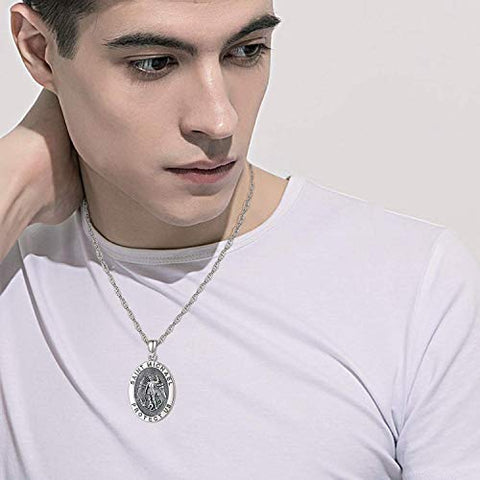 KINGWHYTE 925 Sterling Silver St Michael Necklace for Men Women St Michael Pendant Amulet Saint Michael Necklace for Men Archangel Michael Pendant Oval Medal Stainless Steel Chain Jewelry Gifts KINGWHYTE