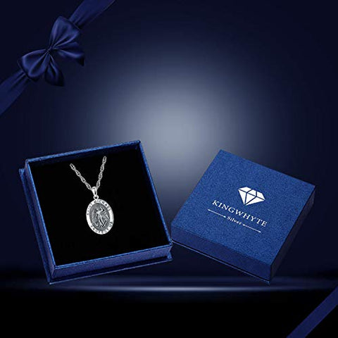 KINGWHYTE 925 Sterling Silver St Michael Necklace for Men Women St Michael Pendant Amulet Saint Michael Necklace for Men Archangel Michael Pendant Oval Medal Stainless Steel Chain Jewelry Gifts KINGWHYTE