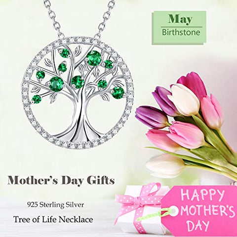 Mothers Day Jewelry Gifts for Mom Tree of Life Emerald Necklace May Birthstone Mom Wife Birthday Gifts Sterling Silver Pendant Necklace ELDA & CO.