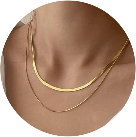 CHESKY Layered Necklace for Women, Double Layer Snake Chain Necklace 14k Gold Plated Layering Herringbone Necklace Gold Chunky Thick Chain Choker Necklace Gifts for Girls CHESKY
