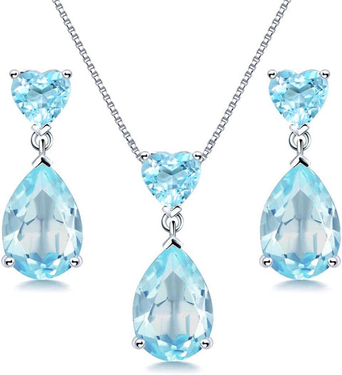 JIANGXIN 18"~20" Pear cut Gemstone 925 Sterling Silver Pendant Necklace Drop Earrings Jewelry Set for Women Heart Pendant Necklace Heart Earrings (Aquamarine) JIANGXIN