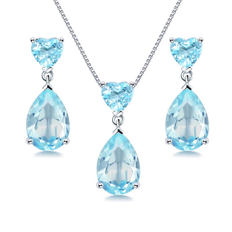 JIANGXIN 18"~20" Pear cut Gemstone 925 Sterling Silver Pendant Necklace Drop Earrings Jewelry Set for Women Heart Pendant Necklace Heart Earrings (Aquamarine) JIANGXIN
