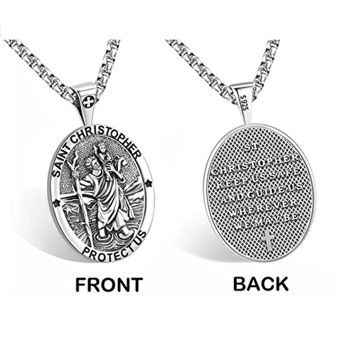 St Christopher Medal for Men Women Saint Christopher Necklace 925 Sterling Silver oval St. Christopher Pendant de plata 925 catholic Saint Christopher Medallion genuine saint christopher pendant necklace religious st christopher necklace 22+2 24 chain Tra Eusense