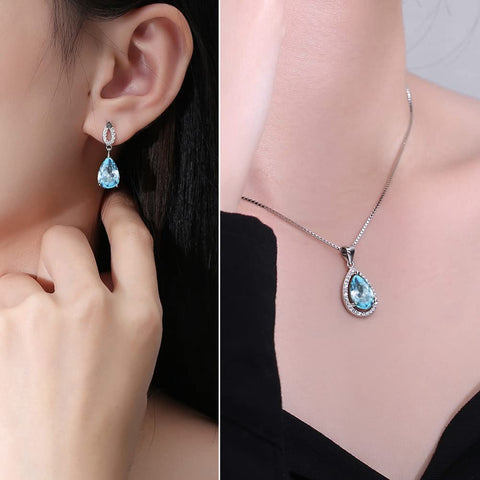 JIANGXIN Sky Blue Aquamarine Gemstone 925 Sterling Silver White Gold Plated Fine Jewelry Set for Women Pendant Necklace Stud Earring JIANGXIN