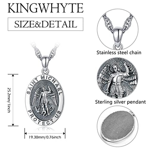 KINGWHYTE 925 Sterling Silver St Michael Necklace for Men Women St Michael Pendant Amulet Saint Michael Necklace for Men Archangel Michael Pendant Oval Medal Stainless Steel Chain Jewelry Gifts KINGWHYTE