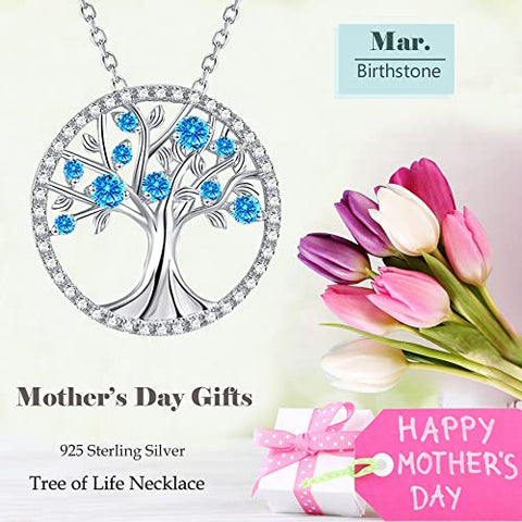 Mothers Day Jewlery Gifts for Mom Tree of Life Necklace Aquamarine March Birthstone Necklace Brithday Gifts Women Sterling Silver ELDA & CO.
