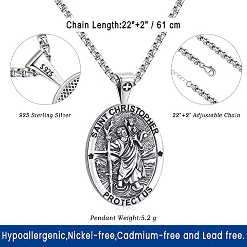 St Christopher Medal for Men Women Saint Christopher Necklace 925 Sterling Silver oval St. Christopher Pendant de plata 925 catholic Saint Christopher Medallion genuine saint christopher pendant necklace religious st christopher necklace 22+2 24 chain Tra Eusense