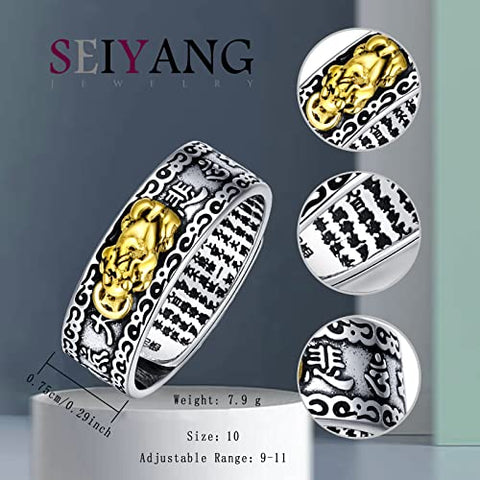 Feng Shui Ring 925 Stering Silver Pixiu Mantra Ring Protection Wealth Adjustable Rings Buddhist Amulet Jewelry Good Luck Health Gift for Men Women Seiyang