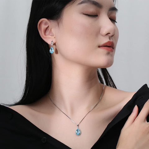 JIANGXIN Sky Blue Aquamarine Gemstone 925 Sterling Silver White Gold Plated Fine Jewelry Set for Women Pendant Necklace Stud Earring JIANGXIN